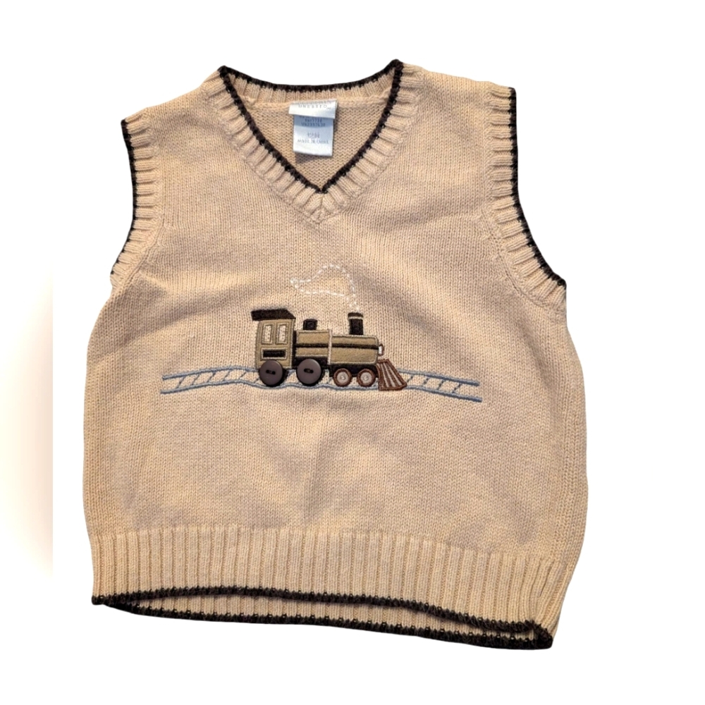 Y2K Infant Boys Tan Brown Embroidered Train Knit Sweater Vest 12 Months